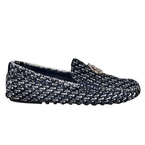 Tory Burch Gemini Link Black Woven Tweed Driver Loafer Size 5.5